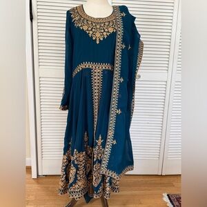 Elegant Teal and Gold Embroidered Dress